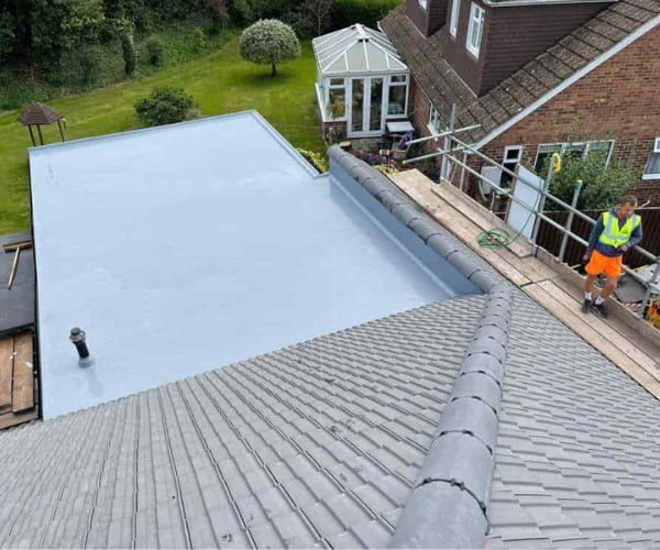 This is a photo of a newly installed hip roof, with a combined liquid covered flat roof. Work carried out by LKN Roofing Shortstown